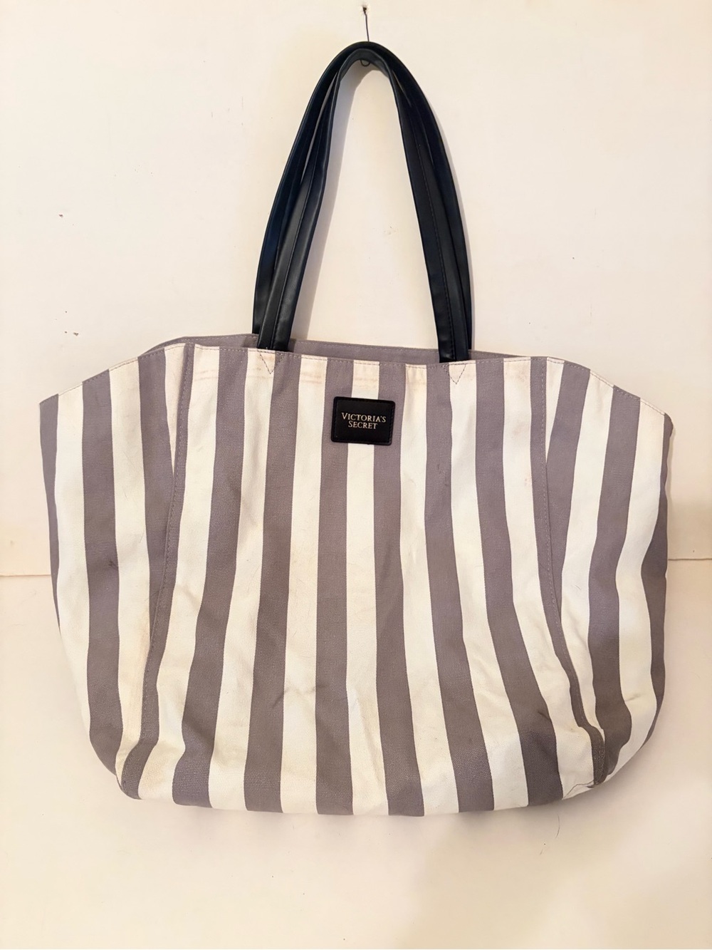 Victoria's Secret Gray Striped Canvas Weekender Overnight Large Tote Bag